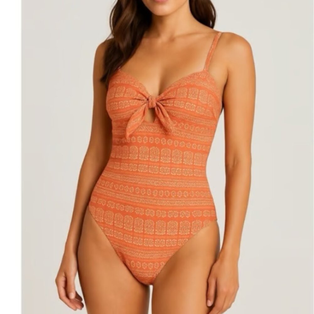 Robin Piccone Ava Plunge Neck Tie-Front One Piece Swimsuit Size 10 NWOT